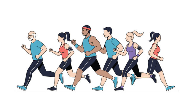 Diverse group of runners training together for a marathon or race event
