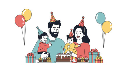 A cheerful family celebration featuring a birthday cake and balloons on a special day