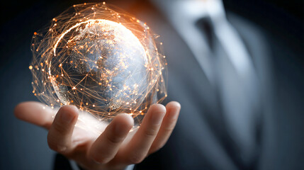 A business professional holding the Earth in their hand, symbolizing global network and connectivity.