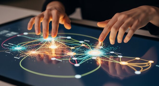 Interactive Data Visualization: Hands Manipulating Glowing Network on Touchscreen Display
