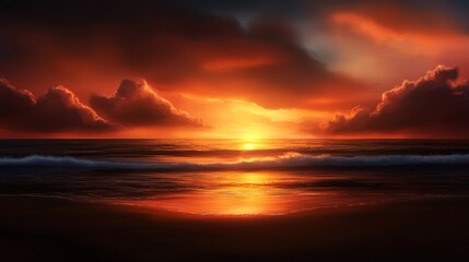 Dramatic sunset over the ocean with fiery clouds reflecting on the water.