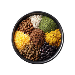 Colorful Assortment of Dried Spices and Granulated Ingredients in a Decorative Bowl for Culinary Use