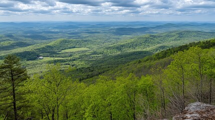 Naklejka premium Panoramic view of rolling green hills and mountains under a partly cloudy sky. Lush forests cover the landscape, extending to the horizon