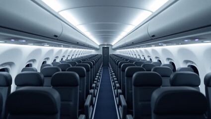 The interior of an empty airplane cabin with rows of seats and overhead compartments.