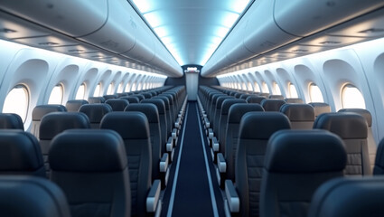 The interior of an empty airplane cabin with rows of seats and overhead compartments.
