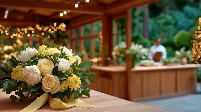 Florist wrapping a bouquet with ribbon in a natural light setting