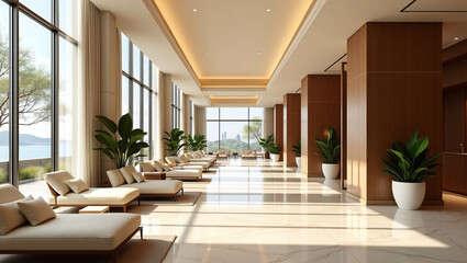 A modern, spacious lounge with large windows, comfortable seating, potted plants, and a view of water and greenery outside.