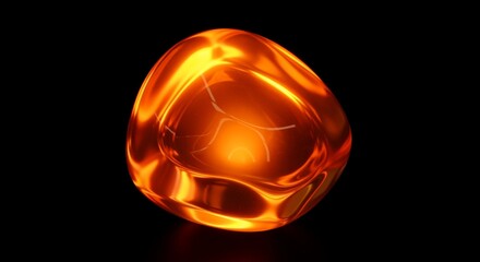 Luminous Amber Orb: Abstract Glass Sculpture with Refractive Light on Black
