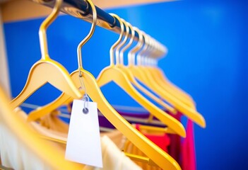 Fototapeta premium Empty gold clothes rack with price tag on bright blue table Close-up view, black friday, promotion