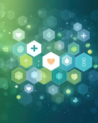 Seamless Pastel-To-Teal Hexagon Pattern with Embossed Health Icons on Clean Gradient