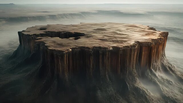 Towering flat-topped mesa shrouded in atmospheric mist surrounded by barren landscape