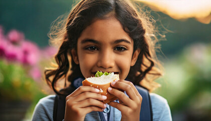 Happy Young Girl Eating a Sandwich