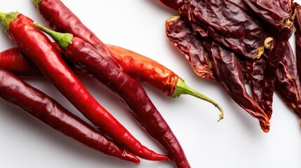 Fresh and Dried Red Chili Peppers on White Background