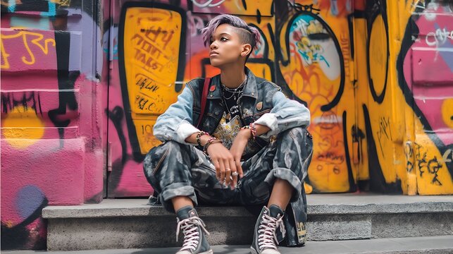 teen wearing androgynous fashion, confident pose, unique mix of masculine and feminine styles, vibrant street scene background, modern youth diversity photography 