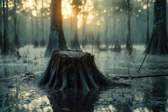 Sunrise in a swampy forest, a tree stump stands in the still water, misty and serene. - Powered by Adobe