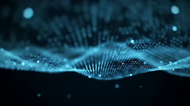 Intricate Blue Network of Dots Waves on Dark Background with Glowing Particles