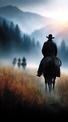 Cowboy rides through misty landscape at dawn with silhouettes of horses in the distance