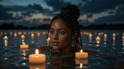 Peaceful woman enjoying candlelit evening by waterfront at dusk