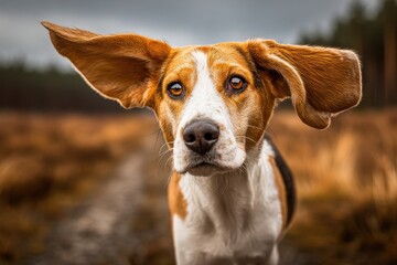 Adorable tricolor Beagle dog with floppy ears captured outdoors in a field