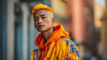teen with bright neon hair color, stylish haircut, wearing bold colorful clothes, looking confidently at camera, urban background, diverse youth expression photography 