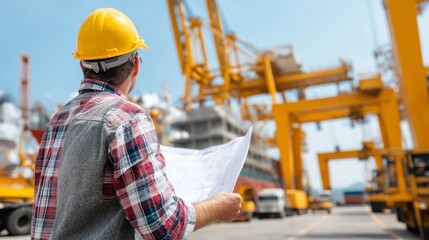 Construction Foreman Reviewing Blueprint Near Heavy Machinery - Project Planning and Site Supervision