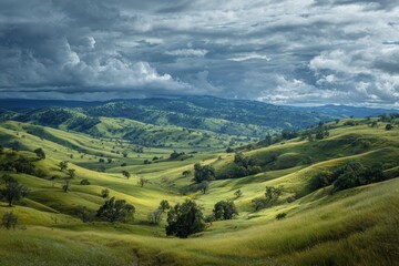 Obraz premium Rolling hills covered in lush green grass, with patches of wildflowers and scattered trees, under a dramatic sky with swirling clouds, conveying a sense of adventure and exploration