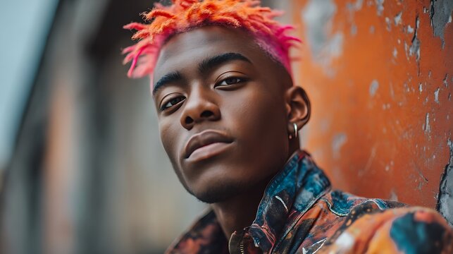 teen with bright neon hair color, stylish haircut, wearing bold colorful clothes, looking confidently at camera, urban background, diverse youth expression photography 