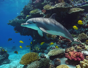 Gorgeous dolphins with a group of colorful fish and marine animals with colorful corals underwater in the ocean. A beautiful background. coral reef and fish.