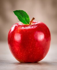 Single red apple with green leaf and water drops, close-up