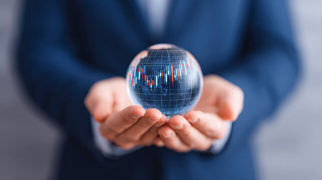 A person in a suit holds a transparent globe displaying financial graphs and data, symbolizing global business and market analysis.