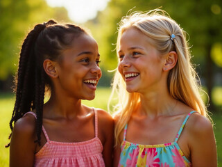 Two diverse, happy girls laughing together in the sunny park.