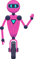 Funny pink robot with one wheel, waving and welcoming, embodies a futuristic vision while delivering a message of innovation and progress in technology and automation
