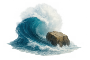 Powerful ocean wave breaking against rocky surface, isolated on transparent background, ideal for dramatic seascape compositing