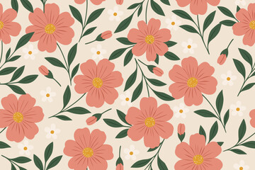 Charming seamless floral pattern with soft pink flowers, white daisies, and green leaves on a cream background. Ideal for fabric, wallpaper, and prints.