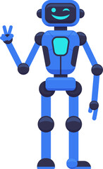 Friendly blue robot waving, winking, and showing peace sign, symbolizing artificial intelligence, innovation, and positive interactions between humans and machines
