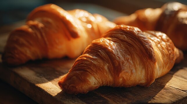 Delicious croissants basking in soft light on a rustic wooden board, inviting breakfast moments and cozy gatherings