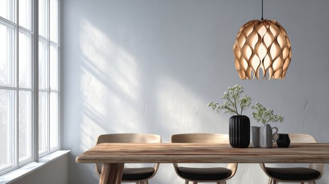 Modern dining space with a minimalist design featuring a stylish pendant lamp above a wooden table bathed in soft daylight