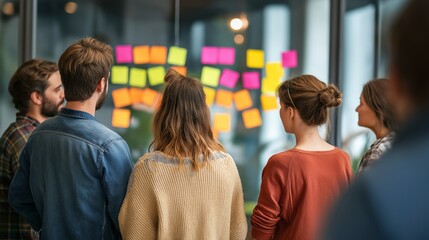 Team brainstorming session: colleagues observe whiteboard with notes and ideas, collaborative problem-solving, office teamwork, business strategy.