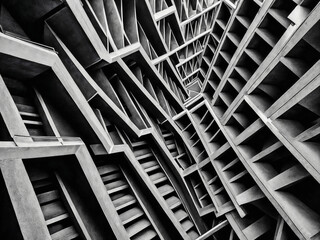 Architectural marvel of geometric design in a modern monochrome structure.
