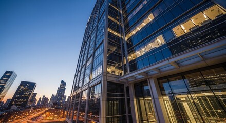 Fototapeta premium Modern Glass Skyscraper at Dusk with Cityscape Reflection and Warm Interior Lights