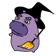 Hippo wizard, a cute purple cartoon hippo holding a broom with a determined expression.