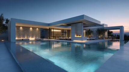Fototapeta premium Modern villa offers a breathtaking poolside experience at sunset with sleek architecture and ambient lighting creating a serene atmosphere