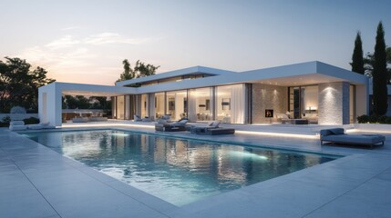 Fototapeta premium Luxurious modern villa at sunset with elegant poolside setting and stunning architectural design creating a tranquil atmosphere