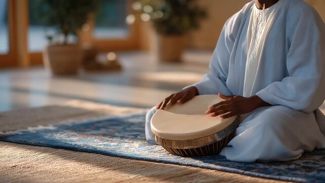 Teacher singing with tambourine in a bright classroom