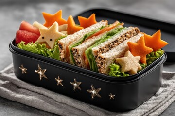 Creative and healthy bento box lunch with star-shaped sandwiches and colorful fruit, perfect for kids.