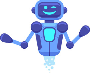 Blue and cyan colored friendly robot winking and greeting with arms open, floating and leaving a trail of smoke or gas behind it, isolated on white background