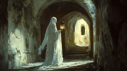 Ethereal Figure with Lantern in Stone Archway Mysterious Light in Dark Tunnel