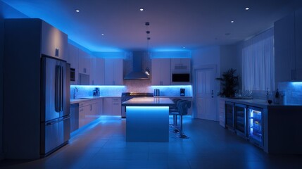 Smart home kitchen illuminated by ambient blue light with AI controls enhancing evening atmosphere and functionality for a modern living experience