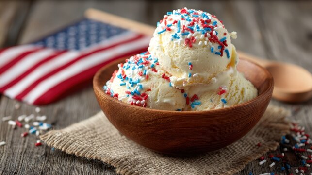 Delighting in summer joy with vanilla ice cream adorned with red and blue sprinkles near a cheerful American flag