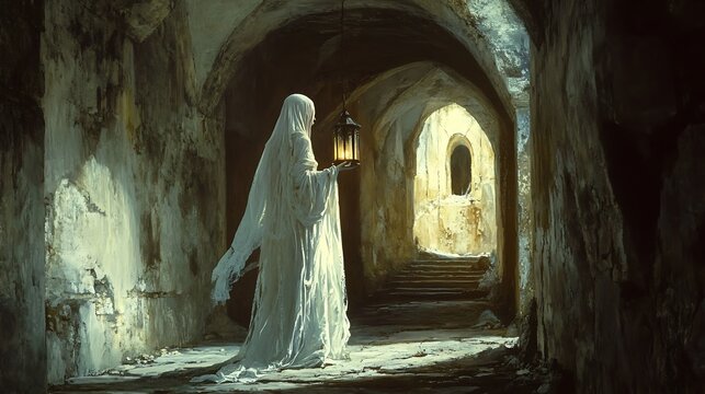 Ethereal Figure with Lantern in Stone Archway Mysterious Light in Dark Tunnel - Powered by Adobe